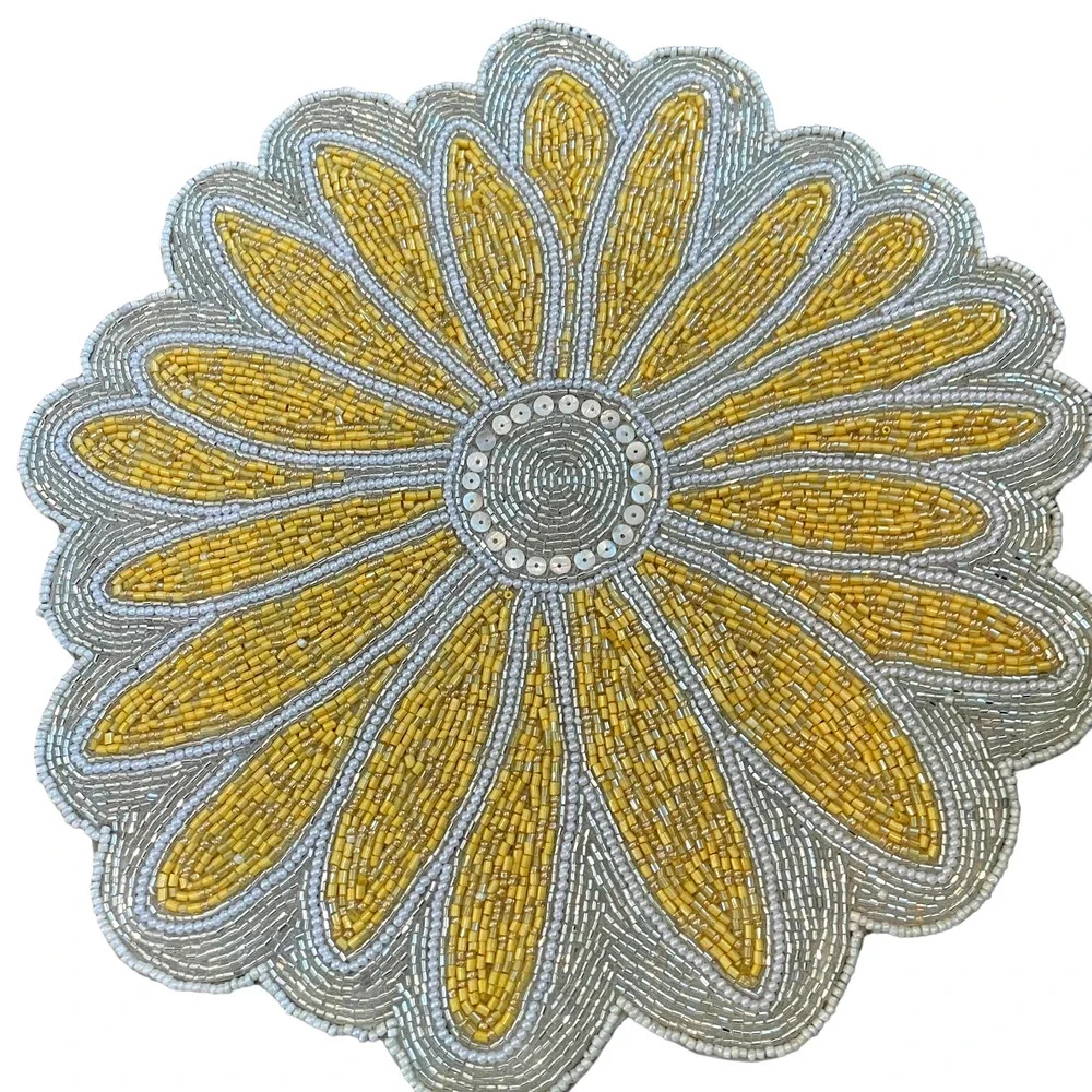 TAHARI HOME Glass Hand Beaded Charger Placemat Summer Yellow & White Floral NEW